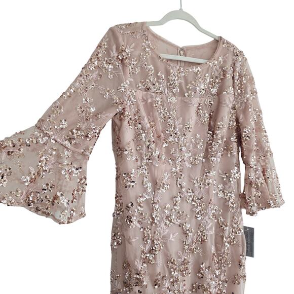 Alex Evenings Rose Gold Pink Floral Embroidered Sequin Sheath Midi Dress Sz 12 - Picture 5 of 12